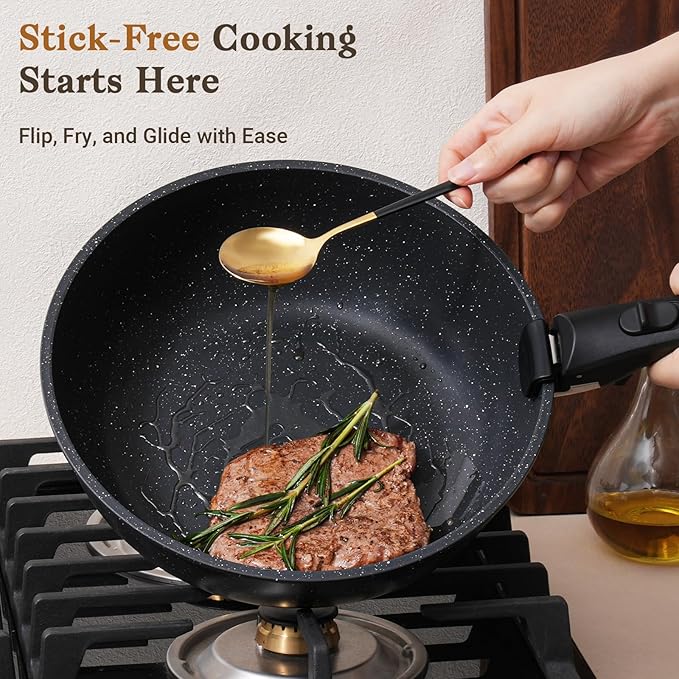 SODAY 15Pcs Pots and Pans Set Non Stick, Cookware Sets with Detachable Handle, Nonstick RV Kitchen Cooking Tools Removable Handles, Oven Safe, Induction Fast, Stackable Induction Cookware,Black