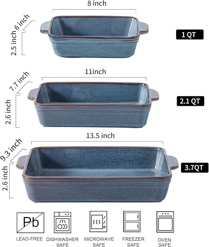 HVH 9x13 Baking Dish Set, Large Casserole Dishes for Oven, Ceramic Bakeware Set of 3, Rectangular Lasagne Pan Deep for Baking (Wabi sabi)