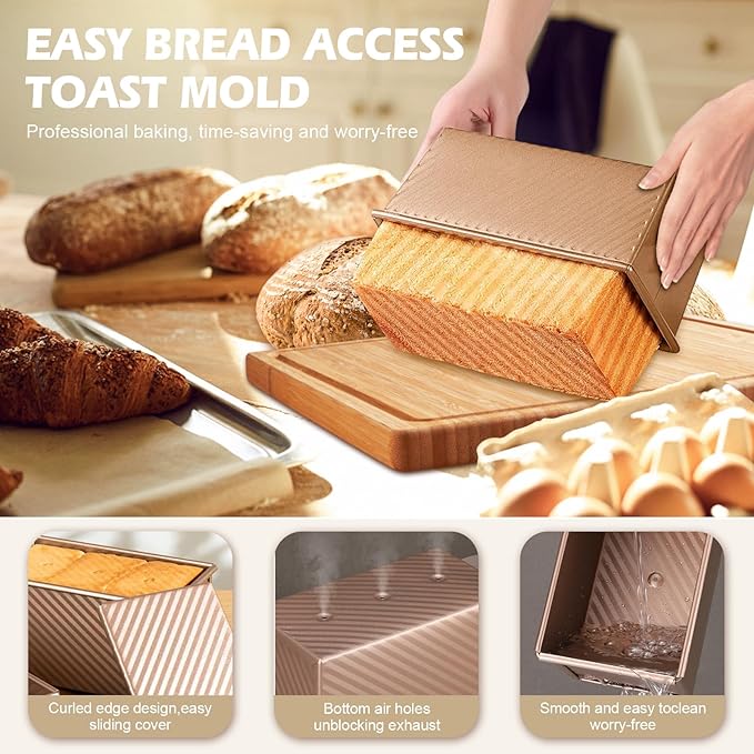 2Pack Pullman Loaf Pans with Lids – 2.2 LB & 1 LB Dough Capacity, Non-Stick Carbon Steel Bread Pans for Homemade Sandwich and Sourdough Bread, Corrugated Toast Mold