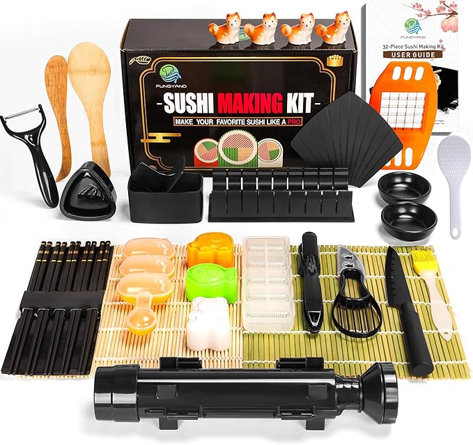 FUNGYAND Sushi Making Kit, 32-in-1 Complete Set with Bazooka Roller, Nigiri & Musubi Presses, Bamboo Mats, Knife, Peeler, Animal Rice Molds, Chopsticks & More – Perfect for Family Fun