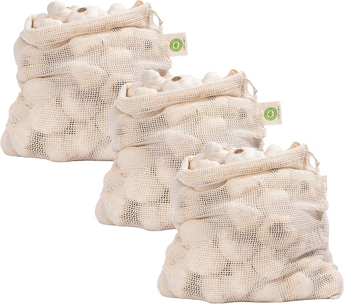 Reusable Garlic Storage Bags - Organic Cotton Garlic Mesh Bags with Drawstring - Washable Garlic Holder Storage - Net Garlic Keeper Sacks - Onion Potato Storage Bags - Root Vegetable Sacks (3 Large)