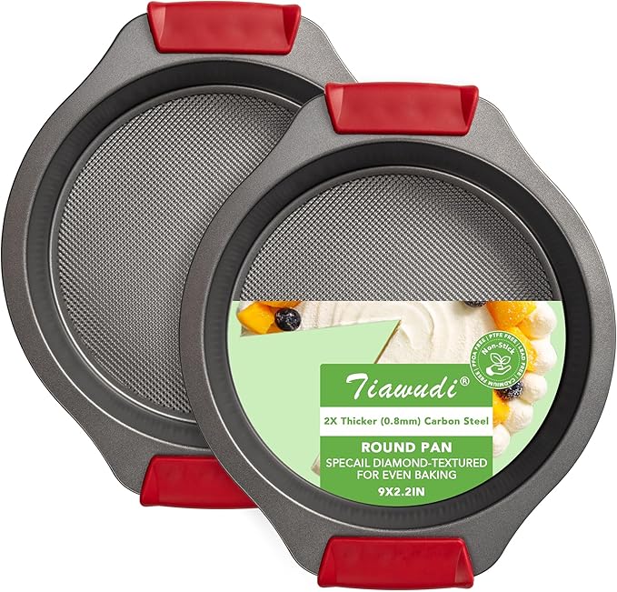 Tiawudi 9" Round Cake Pan Set of 2, 0.8mm Thick Heavy Duty Bakeware for Tiered & Layered Cakes, Nonstick Baking Pan with Diamond Texture for Even Heating, Cake Mold with Silicone Grip Handles