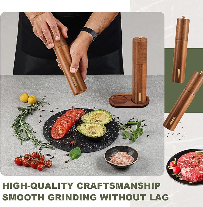 Wooden Salt and Pepper Grinder Set 11.8 Inch Manual Salt and Pepper Mill with Tray Adjustable Coarseness and Refillable Wood Grinders with Gold Bottle Label for Kitchen(Wood Color)