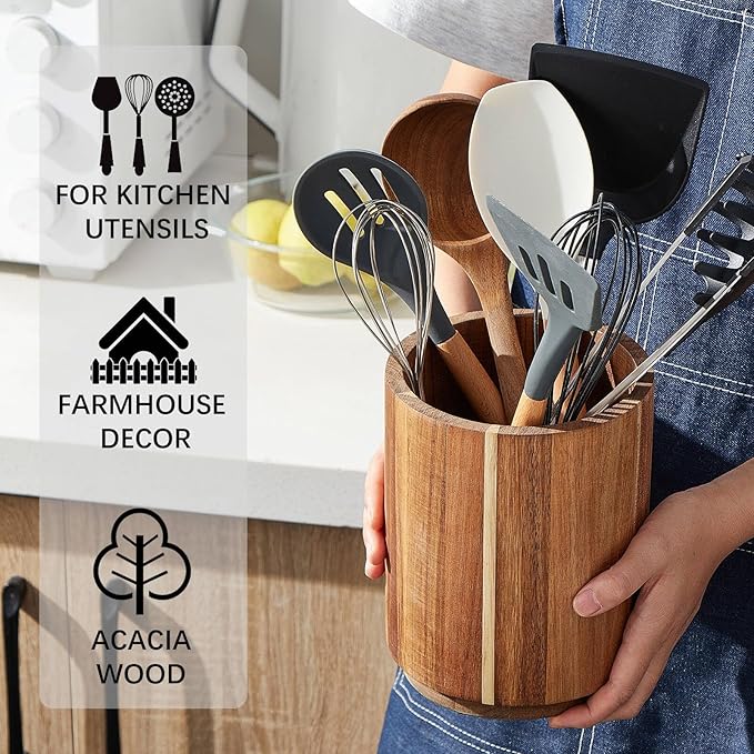 Acacia Wood Utensil Holder for Kitchen Counter, 360° Rotating 7.2" Wooden Cooking Utensil Crock for Countertop, Farmhouse Kitchen Decor
