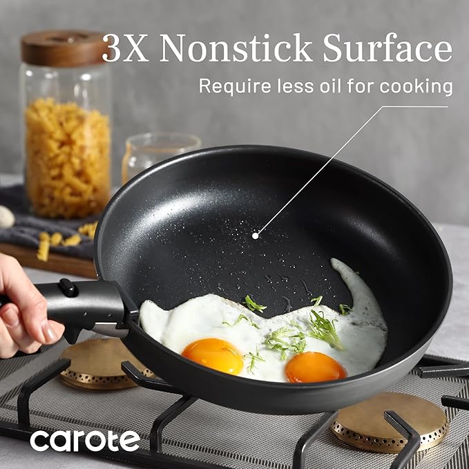 CAROTE 20pcs 4-Ply Premium Hard Anodized Pots and Pans Set Non Stick with Detachable Handle, Dishwasher/Oven Safe, RV Kitchen Cookware Set Nonstick, Induction Cookware, Large Capacity Pans and Pot Set