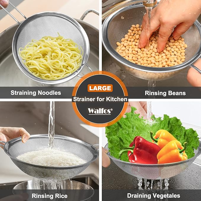Walfos 9.35 Inch Large Fine Mesh Strainer, Stainless Steel 30 Mesh Sieve with Sturdy Handle, Kitchen Food Strainers Sifters for Rice, Quinoa, Pasta, Fruits, Vegetables, etc.