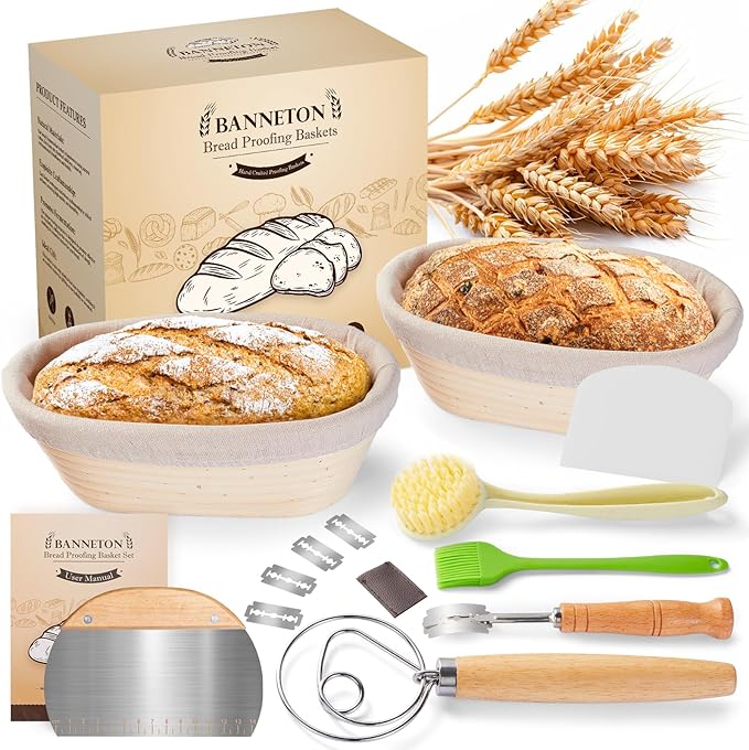 Banneton Bread Proofing Basket - Sourdough Starter Kit Banneton Sourdough Proofing Basket Set of 2, Sourdough Bread Baking Supplies for Making Baking Fermentation (10" Oval Set of 2, 6 Accessories)