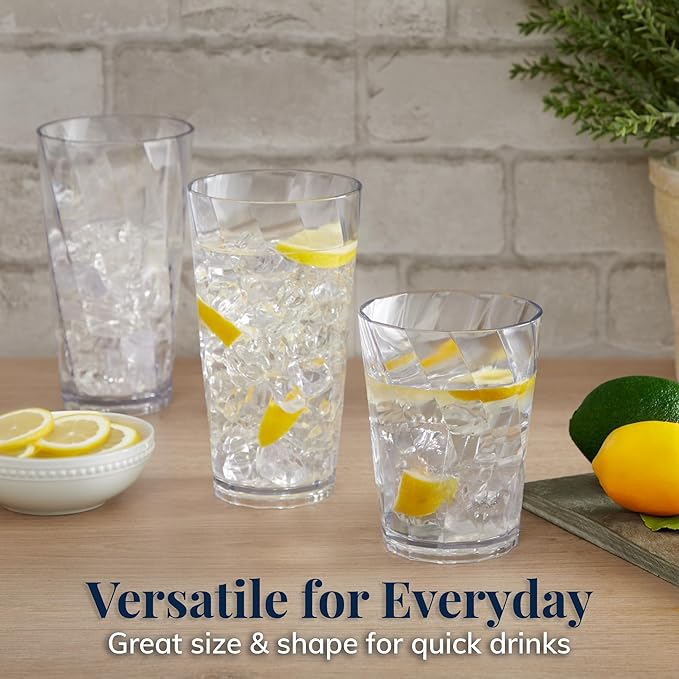 US Acrylic Optix Plastic Reusable Drinking Glasses (Set of 16) 14oz Rocks & 20oz Water Cups in Clear | BPA-Free Tumblers, Made in USA | Top-Rack Dishwasher Safe