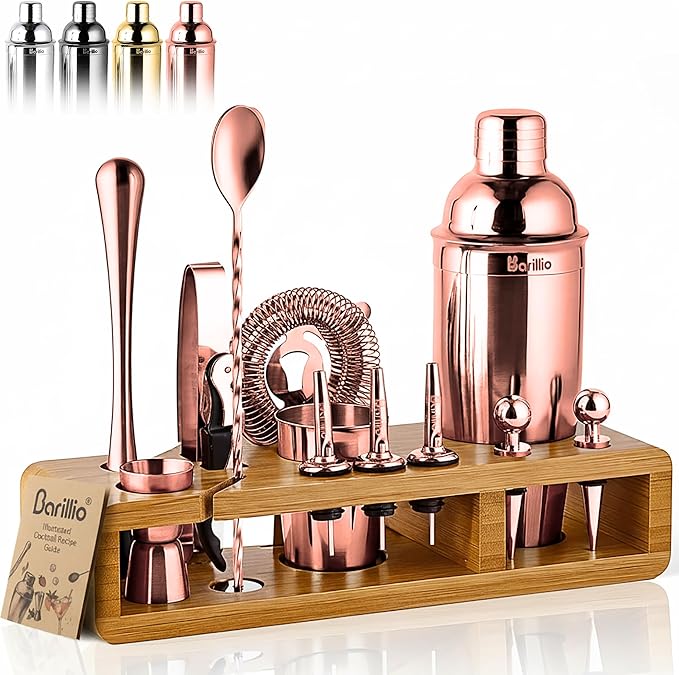 Barillio Rose Gold Bartender Kit - Stainless-Steel Cocktail Shaker Set w/Bamboo Stand - Mixology Bar Tools w/Drink Shaker, Mixer and Muddler for Cocktails - Home Bar Accessories - 23-Pc Bar Set