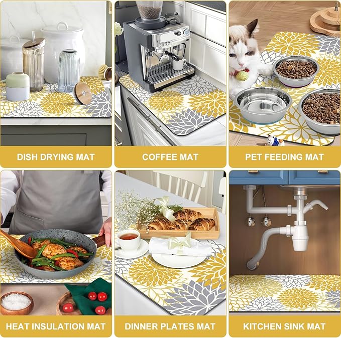 Findosom 2PCS 12" x 20" Fall Dish Drying Mat & 24" x 5.5" Sink Splash Guard, Super Absorbent & Cuttable Dish Mat Drying Kitchen Mat with Yellow Floral, Hide Stain Drying Mat for Kitchen Counter