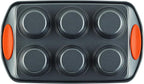 Rachael Ray Yum-o! Nonstick Bakeware Oven Lovin’ Cups Muffin Pan, 6-Cup, Gray with Orange Handles