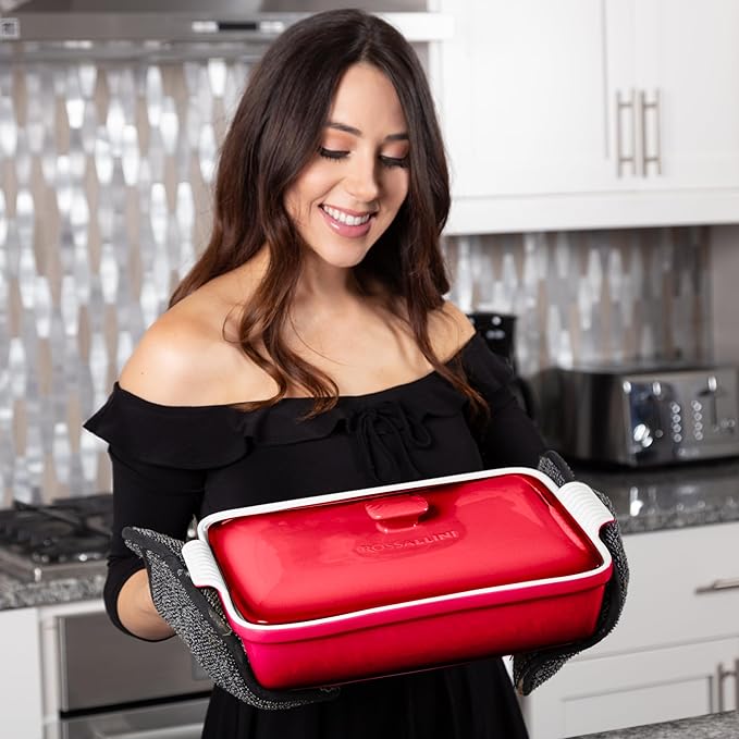 ROSSALLINI Stoneware Casserole Dish Bakeware Set with Lid, Covered Rectangular Dinnerware, Large 3.2 Quart, 11 by 9 Inch [Deep Red]