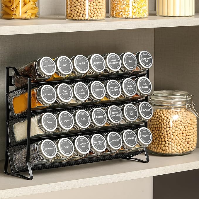 AOZITA Spice Rack Organizer with 28 Empty Spice Jars with Silver Lids, Funnel, Labels - Seasoning Organizer for Countertop, Cabinet, Kitchen, Pantry