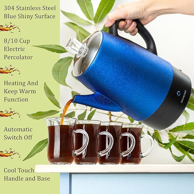 Mixpresso 10 Cup Percolator Coffee Pot Electric, Stainless Steel Coffee Percolator Electric With Keep Warm Function, Classic Perculator Pot With Removable Basket for Home or Office - Shiny Blue