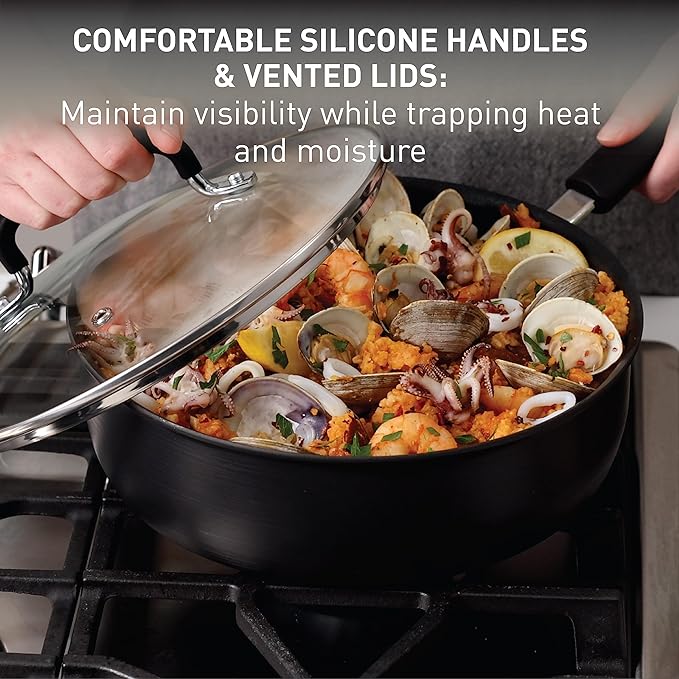 T-fal Ultimate Hard Anodized Nonstick Cookware Set 12 Piece, Oven Broiler Safe 400F, Lid Safe 350F, Kitchen Cooking Set w/Fry Pans, Saucepans, Dutch Oven, Pots and Pans, Dishwasher Safe, Onyx