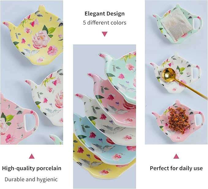 Porcelain Tea Bag Coasters, Floral Used Tea Bag Holder Ceramic, Set of 10 Tea Bag Plates Floral, Teaspoon Rest, Tea Bag Dish, Tea Party Gifts