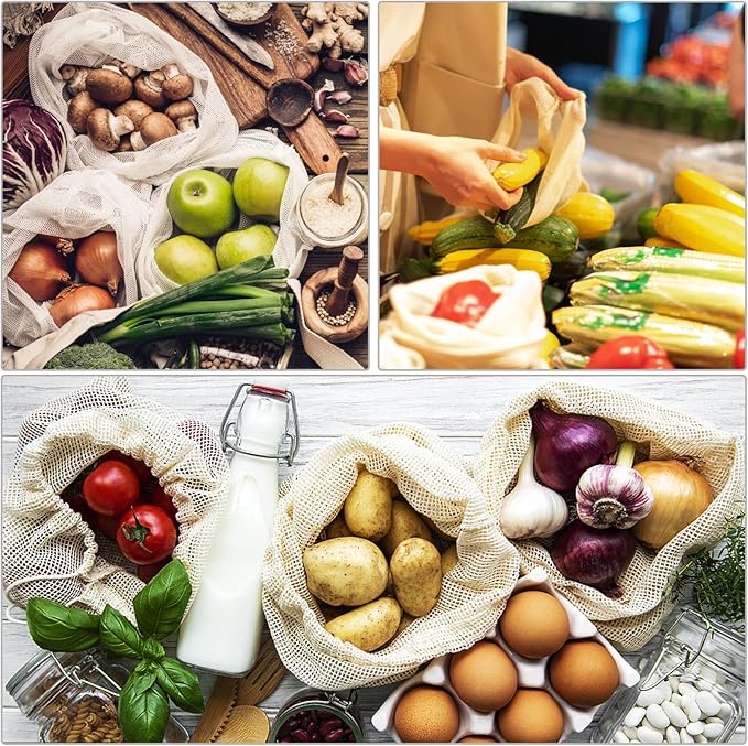 Reusable Produce Bags - Organic Cotton Mesh Bags with Drawstring for Onions, Vegetables & Fruit (12 Pack)
