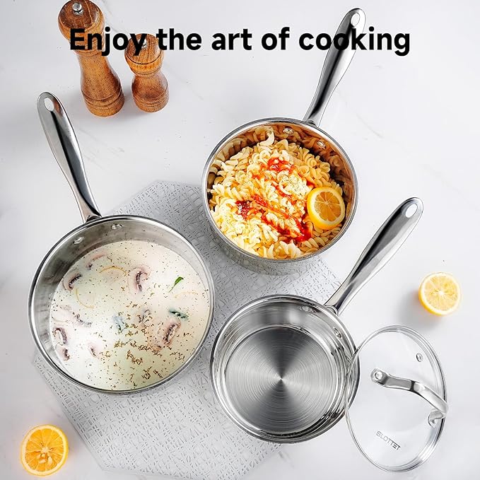 SLOTTET 1Qt & 2Qt & 3QT Stainless Steel Sauce Pan Set with Lid,6 Pcs Non Stick Saucepan,Small Kitchen Pots,Induction Compatible,PFOA FREE