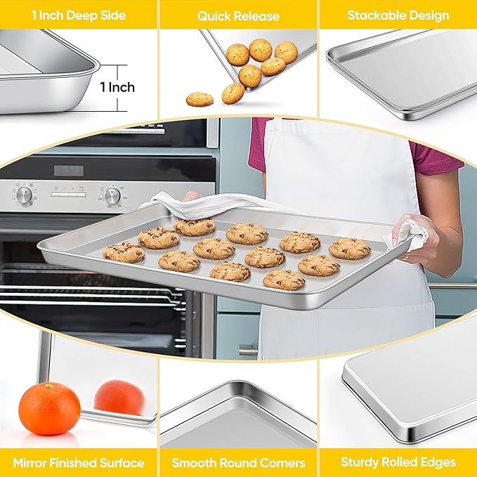Homikit 2 Pack Baking Sheet, 18” x 13” Stainless Steel Large Cookie Pan Set for Oven, Heavy Duty Metal Half Sheet Baking Tray for Roasting Cooking, Nonstick & Rust Free, Dishwasher Safe
