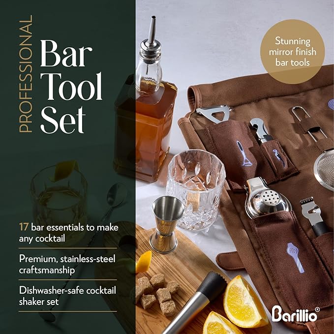Barillio Bartender Kit Bag with Cocktail Shaker Set - Waxed Canvas, Traveling Bar Tools Bag with 17-Pc Cocktail Kit - Travel Mixology Bartending Kits - Mobile Bar Roll with Strap & Accessories