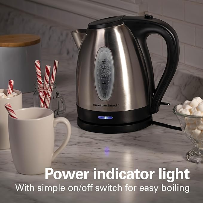 Hamilton Beach Electric Tea Kettle, Water Boiler & Heater, 1.7 Liter, Cordless Serving, 1500 Watts for Fast Boiling, Auto-Shutoff and Boil-Dry Protection, Stainless Steel (40880)