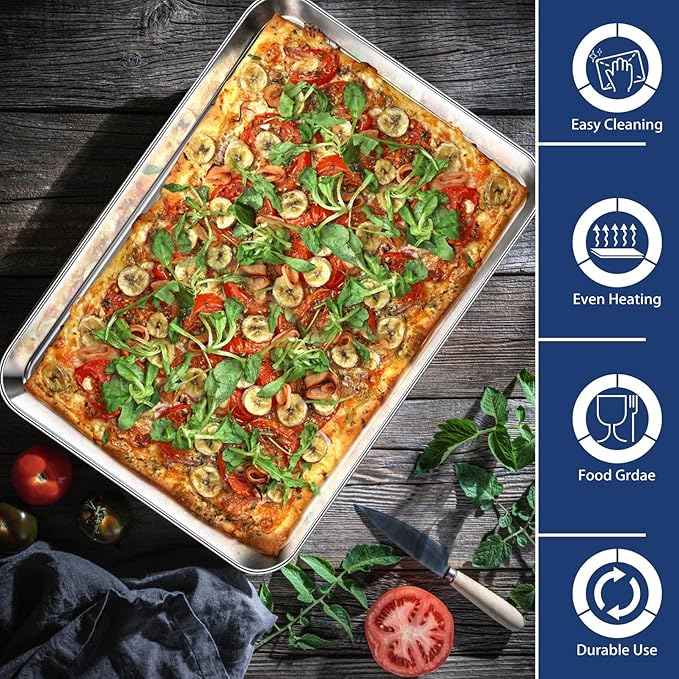 P&P CHEF 17.3 Inch Baking Cookie Sheet, Oven Pan Tray Stainless Steel Sheet Pan for Kitchen, Oven Bakeware for Multi Uses, Shiny Look & Dishwasher Safe, Healthy & Heavy Duty, 2Pcs