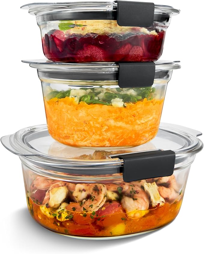 Rubbermaid Brilliance® Glass Round Leak-Proof 6-Piece Set Food Storage Containers, Food Containers with Lids, Meal Prep Containers
