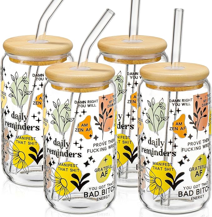 DWTS DANWEITESI Glass Cups with Lids and Straws with Design 4 pcs（Daily Reminder）,Clear Glass Cups 16 oz-Glass Tumbler,Cute Design Glass Iced Coffee Cups Mental Health Positive