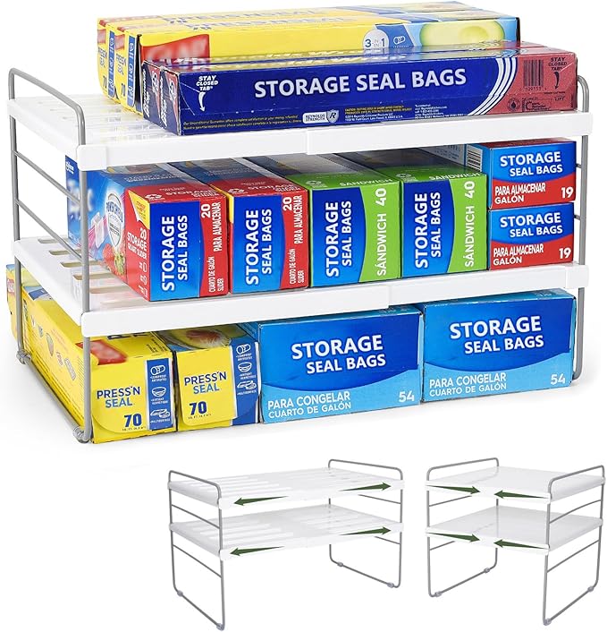 Pantry Organization and Storage for Kitchen - Expandable Kitchen Wrap Box Organizer Rack, Foil Organizer for Cabinet & Counter, Height & Width Adjustable Cupboard Storage Rack - (3 Tier 9.8 to 15.6"L)