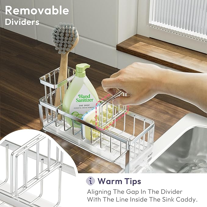SWTYMIKI Sponge Holder for Kitchen Sink - Sink Caddy with Brush Holder Self-draining Sponge Caddy Organizer with Divider Stainless Steel Kitchen Accessories Storage for Countertop, Silver