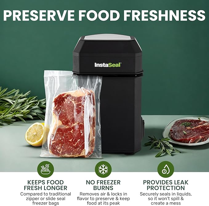 InstaSeal Vacuum Sealer for Food with 12 Bags, Preserves Foods 5x Longer, Space Saving Compact Upright Design Allows Machine to Heat Seal Marinades, Soups, Meats for Sous Vide Cooking