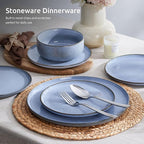 E-far 12-Piece Reactive Glaze Dinnerware Sets, Ceramic Dishes Set for 4, Stoneware Plates and Bowls Dinning Ware, Microwave & Dishwasher Safe - Ocean Blue