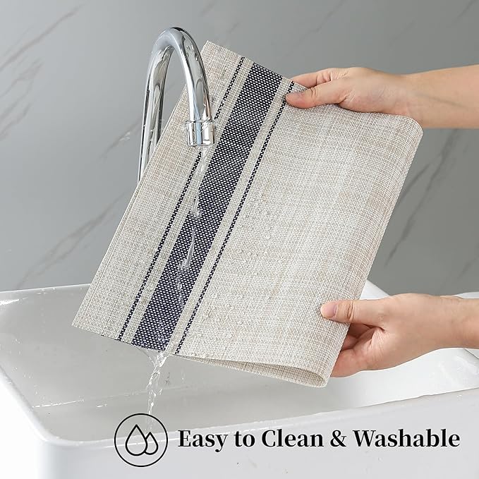 Leetaltree Khaki-Blue Placemats, Heat Resistant Non-Slip Place mats for Dining Table, Washable Durable PVC Vinyl Woven Table Mats (Set of 4)