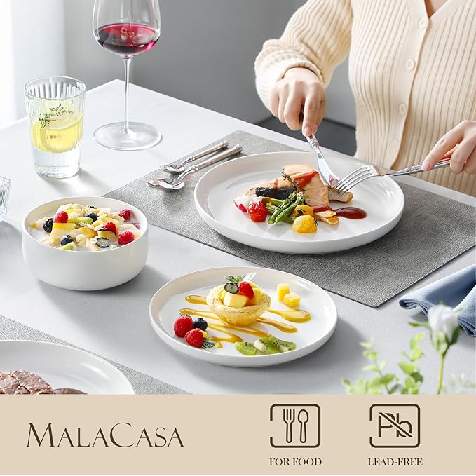 MALACASA Plates and Bowls Sets, 18 Pieces Porcelain Dinnerware Sets Dishware Sets Chip Resistant Ceramic Dish Set Dining Dinner Ware Service for 6, White, Series LUNA