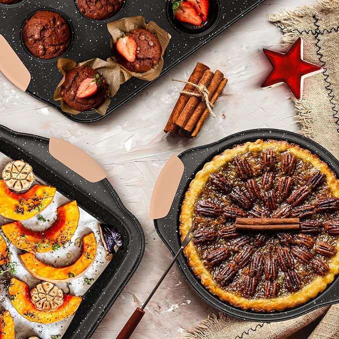 11-Piece Baking Pans Set, Nonstick Bakeware Sets, Oven Pans for Baking with Silicone Handles, Includes Cookie Sheet, Cake Pans, Loaf Pan, Pizza Pan, Muffin Pan, Khaki&Black