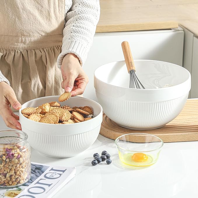 Ceramic Large Mixing Bowls for Kitchen, Set of 2 Big Serving Bowls for Cooking, Popcorn, Salad, Soup, Baking, Dough Bread Making Bowl, 10 inch + 8 inch, White