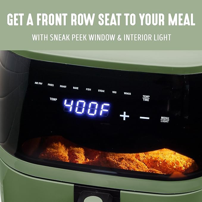 GreenLife Compact Electric Air Fryer Oven, 5.3 QT, PFAS-Free Ceramic Nonstick Drawer, 8 One Touch Digital Display, Easy View Window, Auto Shut-Off Timer, Dishwasher Safe Parts, 1500 Watts, Sage