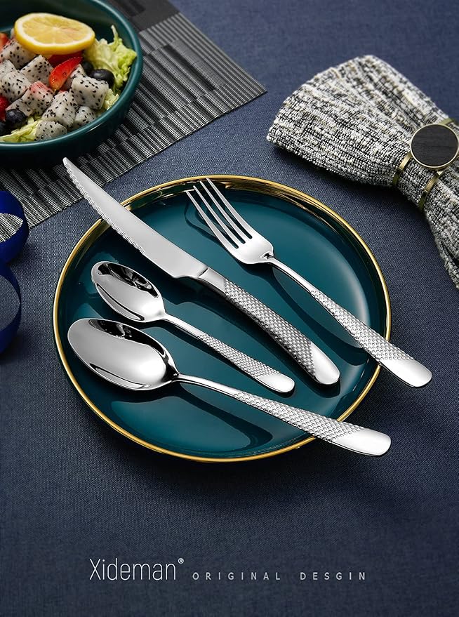16-Piece Modern Hammered Cutlery Set with Ultra Sharp 2-in-1 Serrated Knife, 18/10 Stainless Steel Silverware Flatware Set Service for 4, Tableware Utensil, Forks Spoons Knives Set