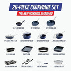 Blue Diamond 20 Piece Nonstick Cookware Set, Diamond Ceramic Pots & Pans, Dishwasher & Metal Utensil Safe, Non Toxic PFAS-Free, Kitchen Cooking Sauce & Saute Pans, Oven & Broiler to 600F, Blue