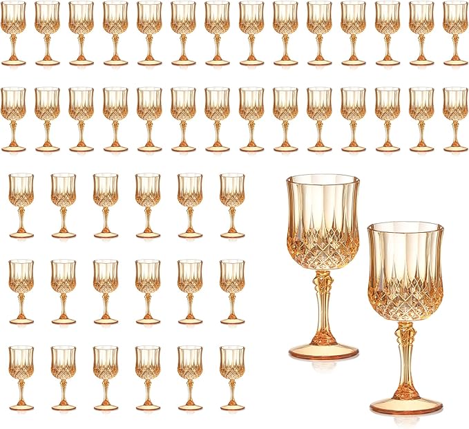 XUWAIDSGN 48 Pcs 7oz Plastic Vintage Wine Glasses Drinking Glasses Unbreakable Wedding Glassware Crystal Water Goblets Reusable Drinkware Vintage Champagne Flutes (48, Amber)