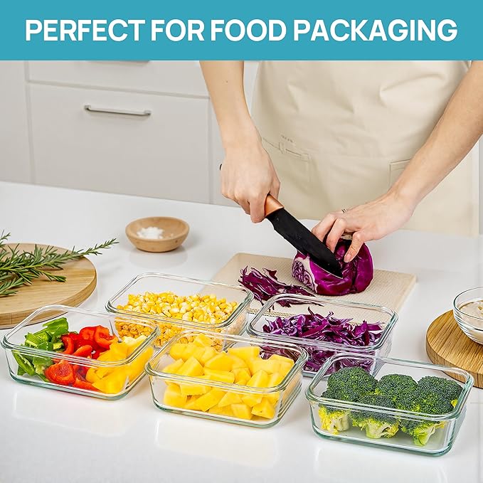 Vtopmart 5Pack 30oz Glass Storage Containers with Lids, Glass Meal Prep Food Container Sets with Snap Airtight Lids for Microwave, Oven, Freezer and Dishwasher, Grey