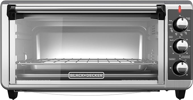 BLACK+DECKER TO3250XSBD 8-Slice Extra Wide Convection Countertop Toaster Oven, Includes Bake Pan, Broil Rack & Toasting Rack, Stainless Steel/Black