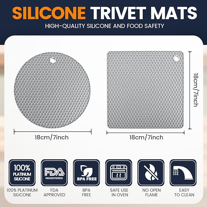 Silicone Trivet Mats 4 Heat Resistant Pot Holders Multipurpose Non-Slip Hot Pads for Kitchen Potholders, Drying mat, Jar Opener, Spoon Holder, Coaster(Nordic Grey)