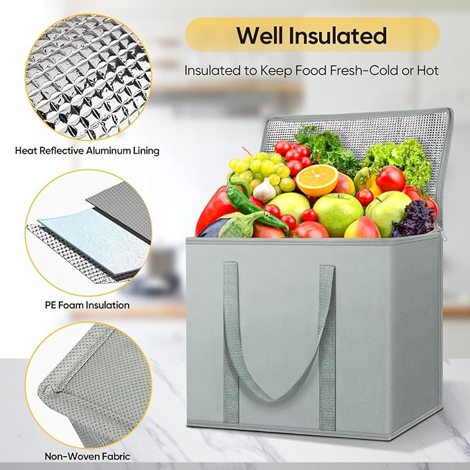 BALEINE 2Pk Insulated Reusable Grocery Bags, Collapsible Cooler Bag for Groceries, Heavy Duty Large Insulated Bag (16''x9''x13'', Urban Gray)