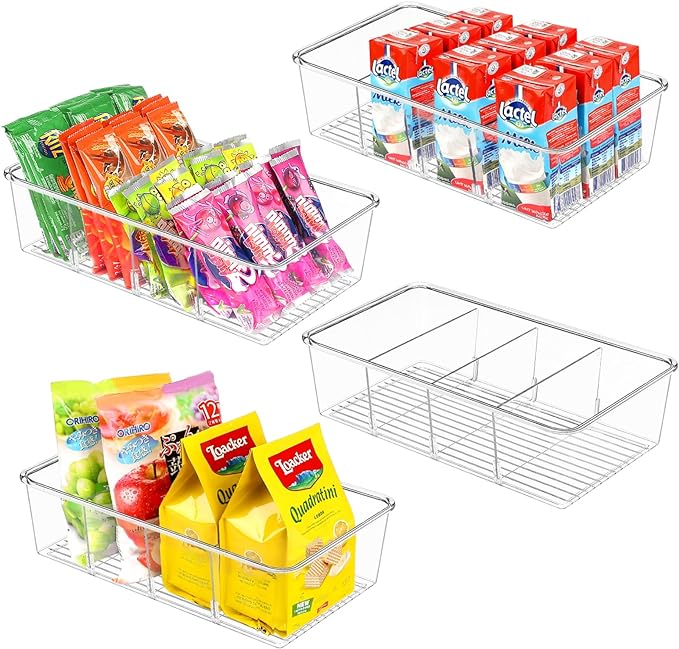 Snack Organizer for Pantry Shelf, 4 Pack Clear Plastic Pantry Storage Bins with 3 Dividers for Snacks, Spices, Chips Food Organizer, Stackable Pantry Organizers for Kitchen, Fridge, Cabinet
