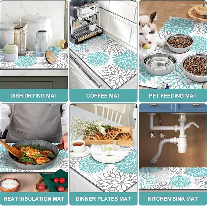 Findosom 2PCS 16" x 24" Dish Drying Mat & 24" x 5.5" Sink Splash Guard, Super Absorbent & Cuttable Dish Mat Drying Kitchen Mat with Teal Floral, Hide Stain Drying Mat for Kitchen Counter