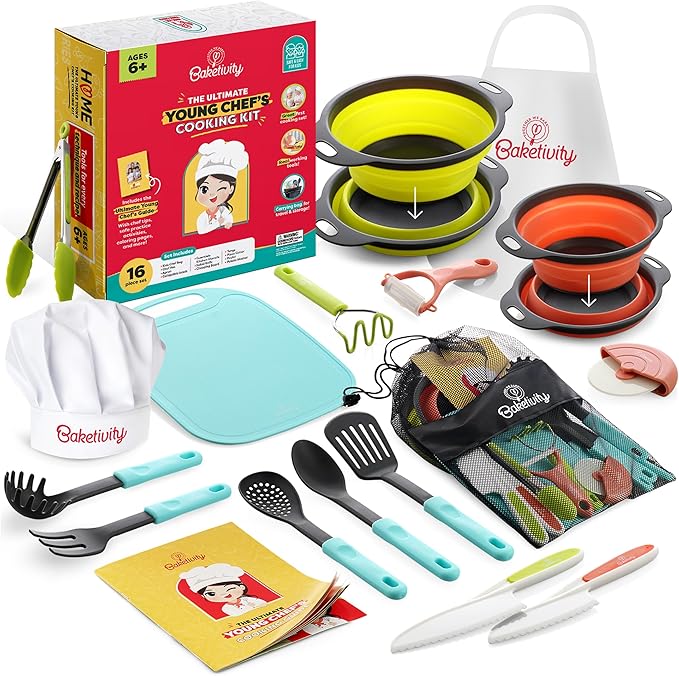 Baketivity Kids Cooking Set Real Utensils With Kitchen Tool Guide - Complete Junior Cooking Set Gift For Girls Or Boys With Mixing Bowls, Cutting Board, Knife, Apron - Kids Baking Set For Real Cooking