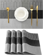 Leetaltree Grey with White Striped Placemats Set of 4 - Heat Resistant Non-Slip Place mats for Dining Table, Washable Durable PVC Vinyl Woven Table Mats（Grey Stripe, 4）