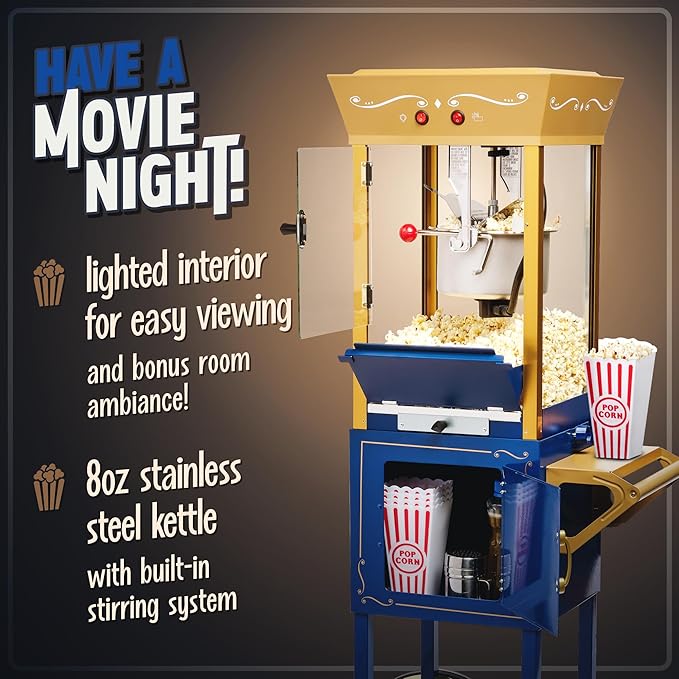 Nostalgia Popcorn Maker Machine - Professional Cart With 8 Oz Kettle Makes Up to 32 Cups - Vintage Popcorn Machine Movie Theater Style - Navy & Gold