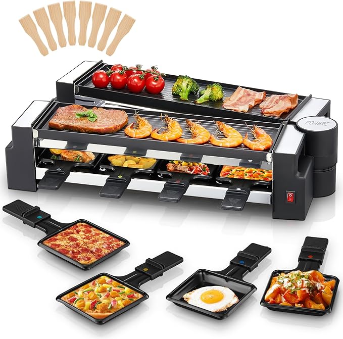 FOHERE Raclette Grill, 2-in-1 Rotatable Electric Indoor Raclette Table Grill, 1400W Raclette Machine for 8 with Reversible Non-Stick Plates, Includes 8 Cheese Pans for Family and Parties Fun